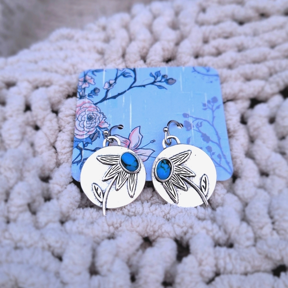 Super Cute Silver Earrings with Blue Floral Accents